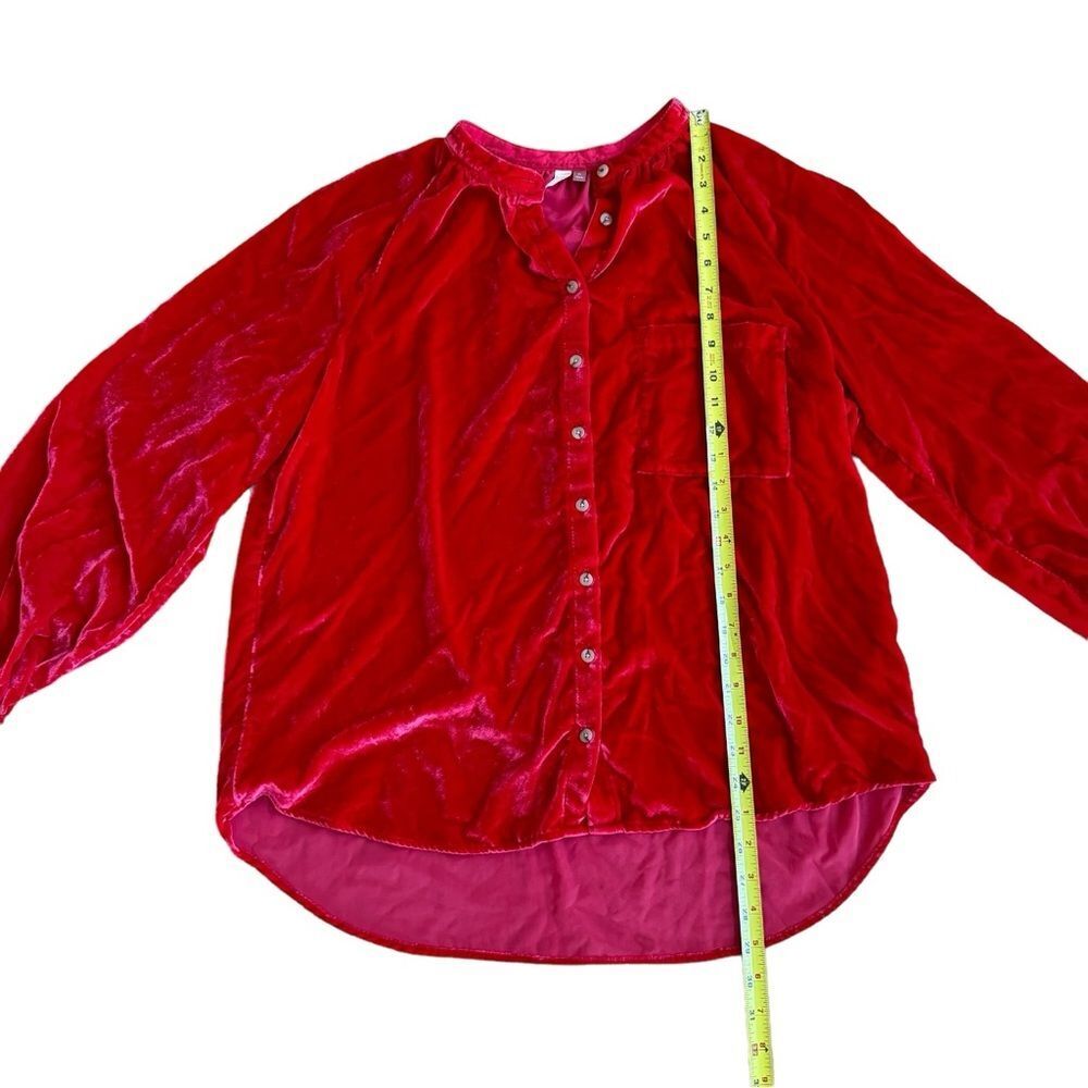 Anthropologie PILCRO Red Shirt Crushed Velvet Top Blouse Long Puff Sleeves XL - Picture 4 of 15